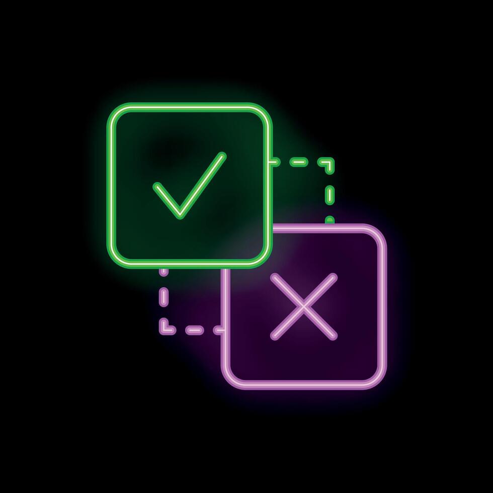 Neon style right and wrong checkmarks showing decision making process vector
