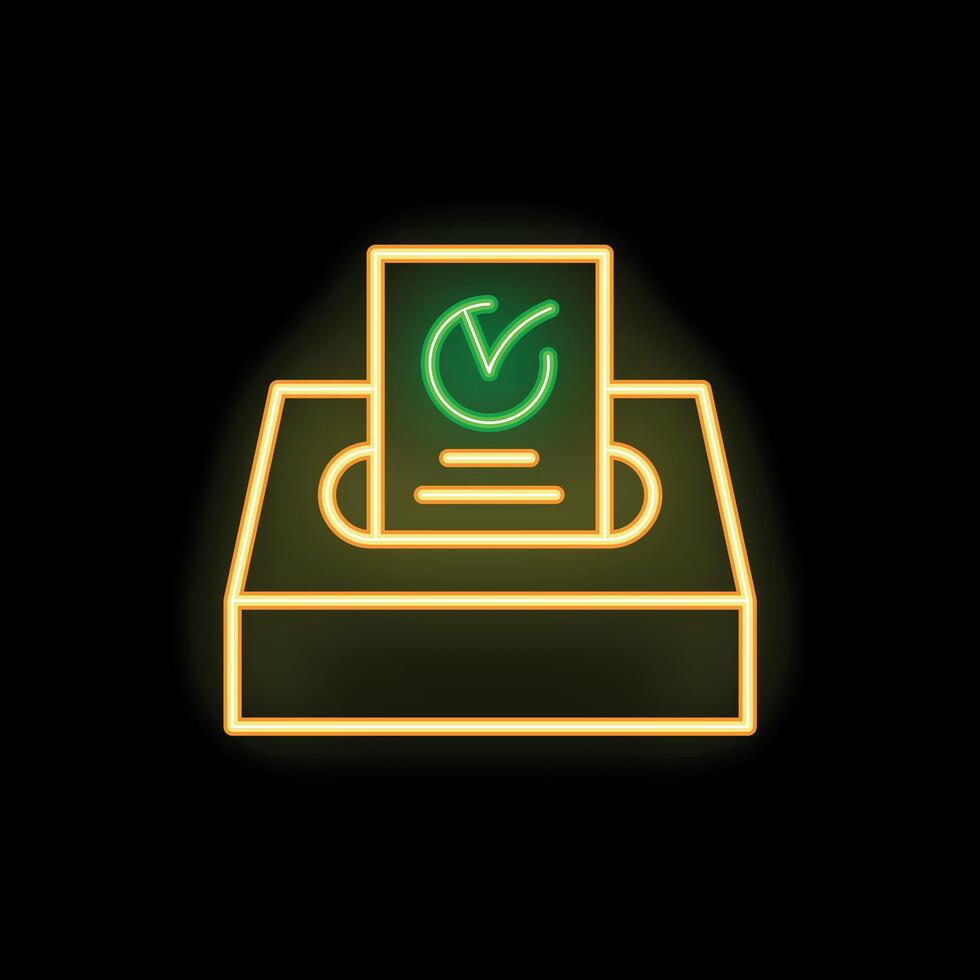Neon icon of ballot being put into voting box, democracy concept vector