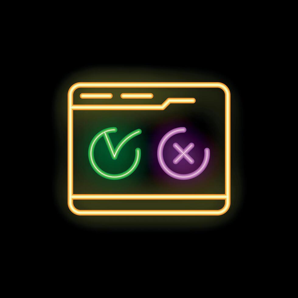 Neon sign showing website with checkmark and cross sign in circle on black background vector