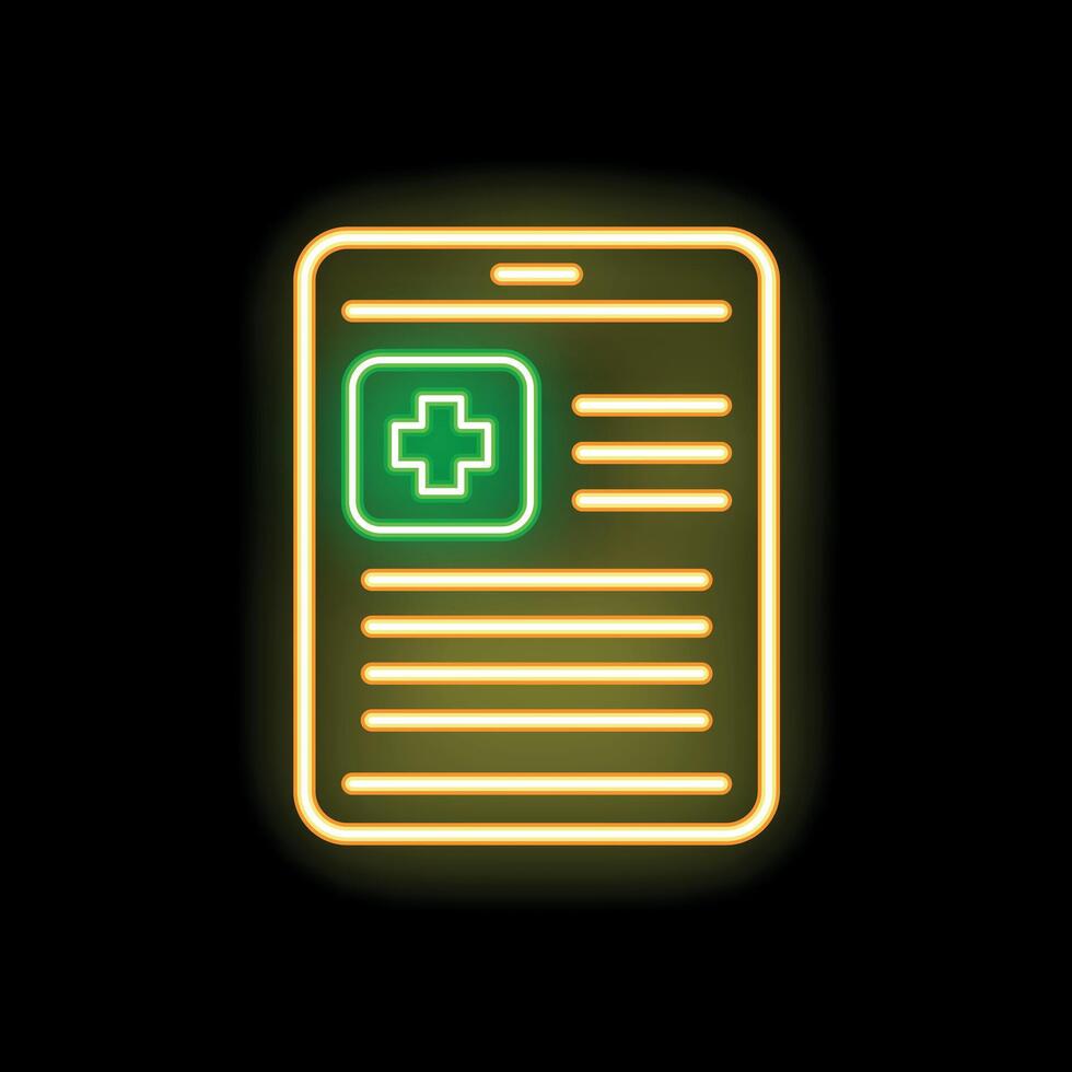 Neon medical record icon glowing on dark background vector