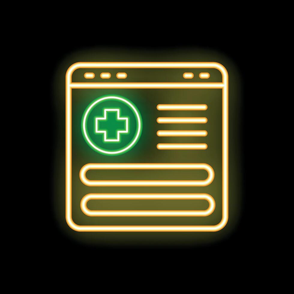 Neon sign showing online medical record with green cross icon on black background vector