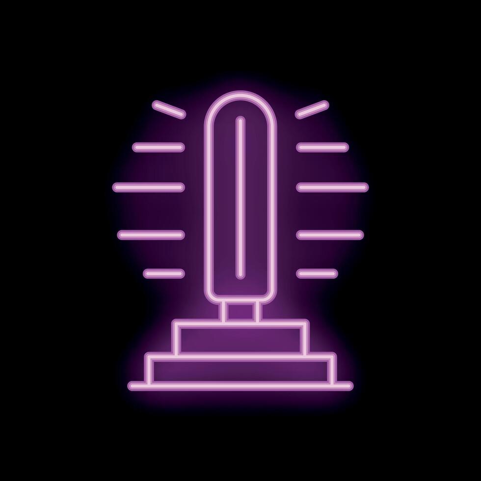Bright neon sign depicting a lever on a pedestal emitting light rays vector