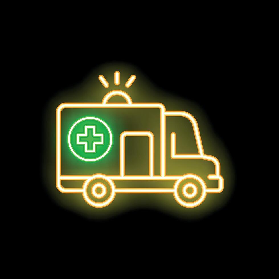 Yellow neon ambulance car glowing on black background vector