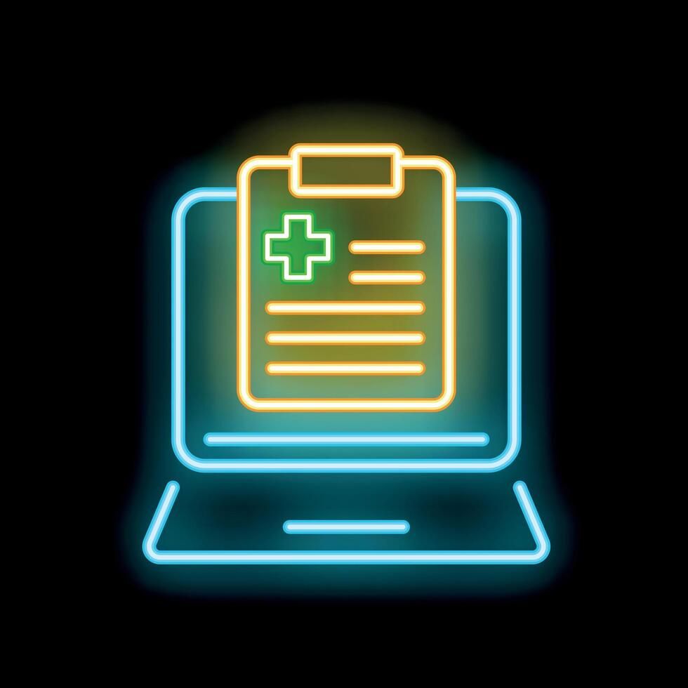 Neon sign of online medical record on laptop screen displaying patient data vector