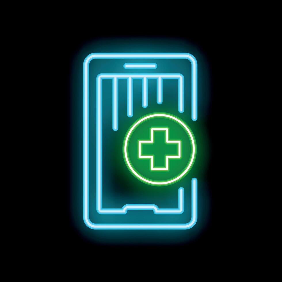 Neon glowing medical app icon on smartphone screen vector