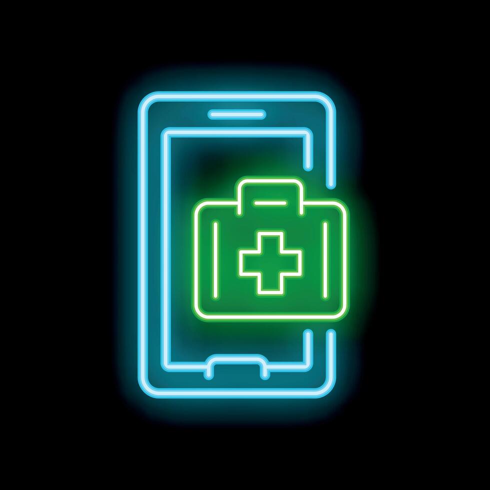 Neon icon of smartphone showing first aid kit symbolising online doctor vector
