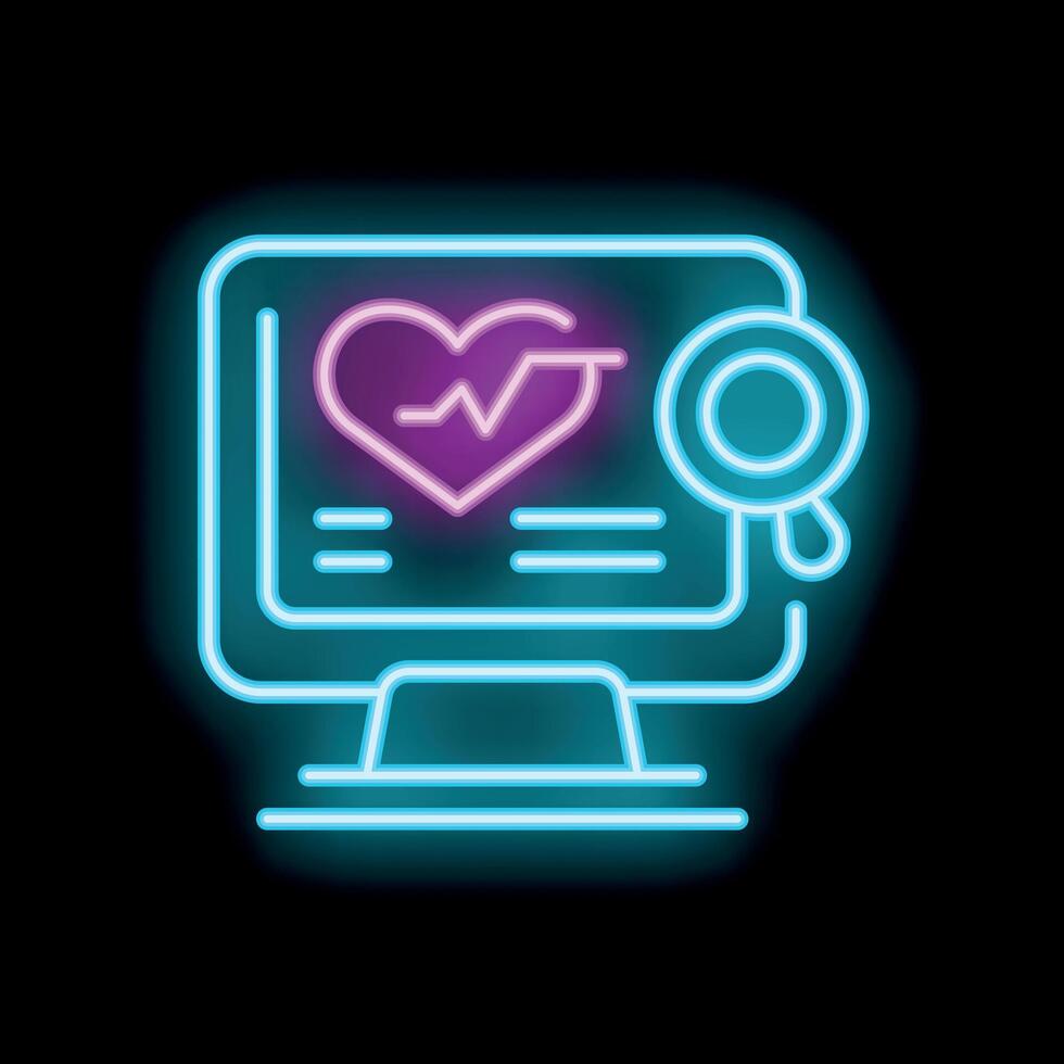 Neon icon of computer displaying heart rate with magnifying glass representing medical research vector