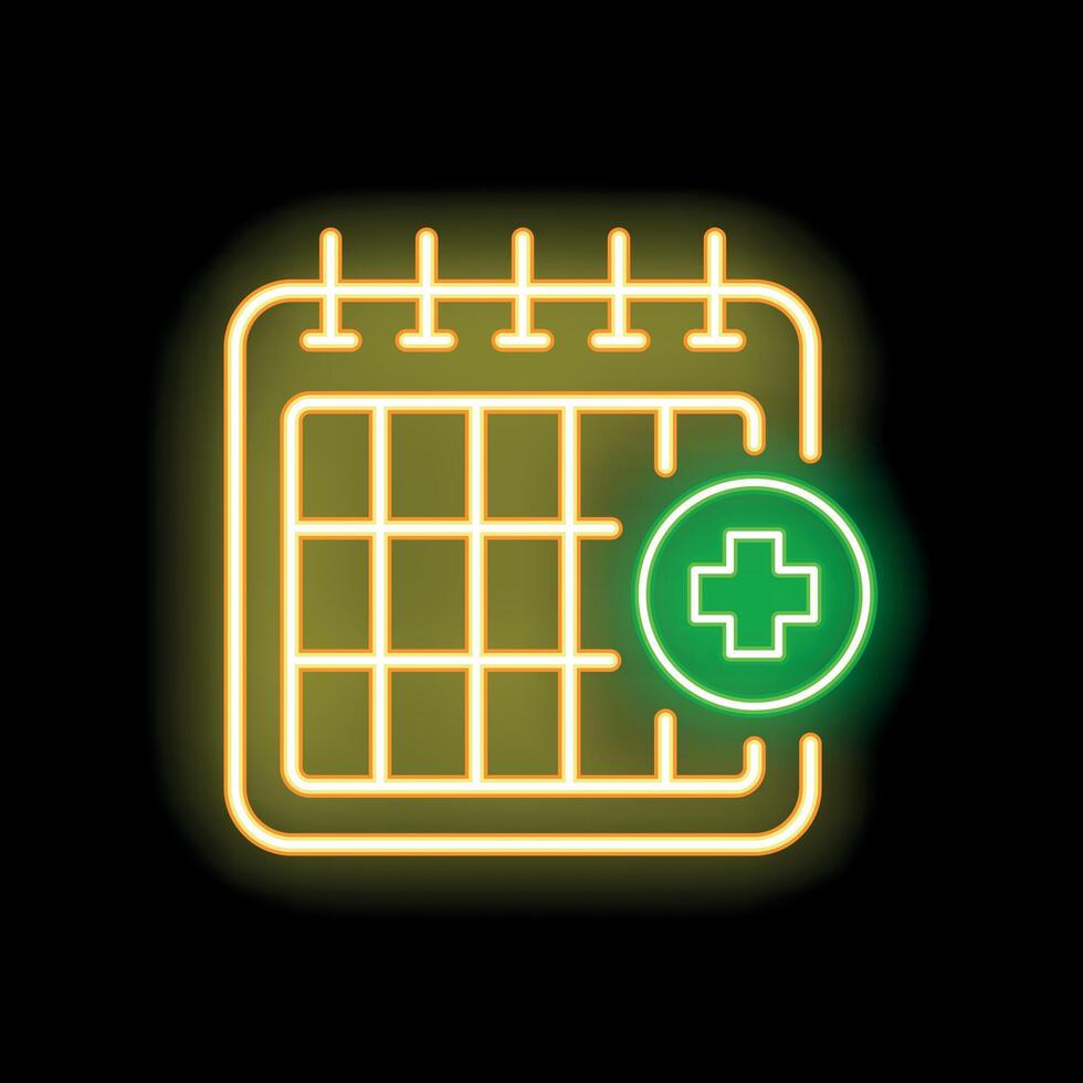 Neon medical appointment calendar with green cross glowing on black background vector