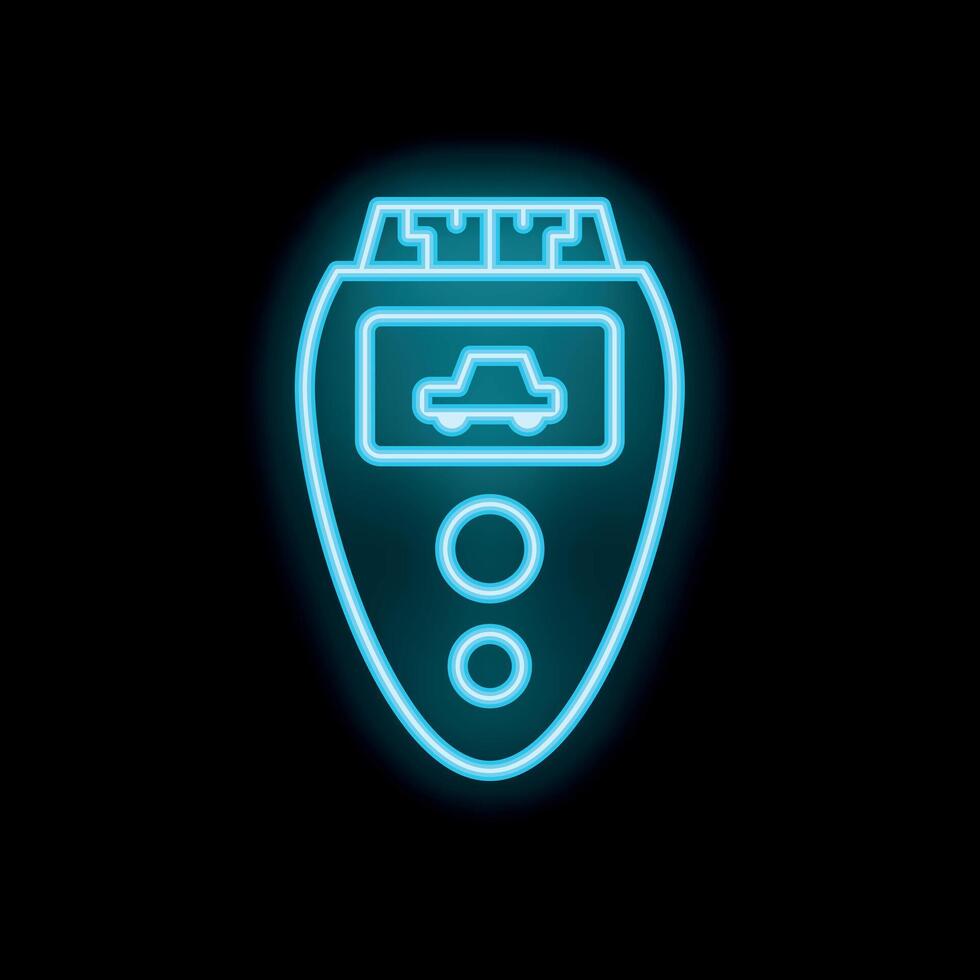 Blue glowing neon line car key with remote icon isolated on black background vector