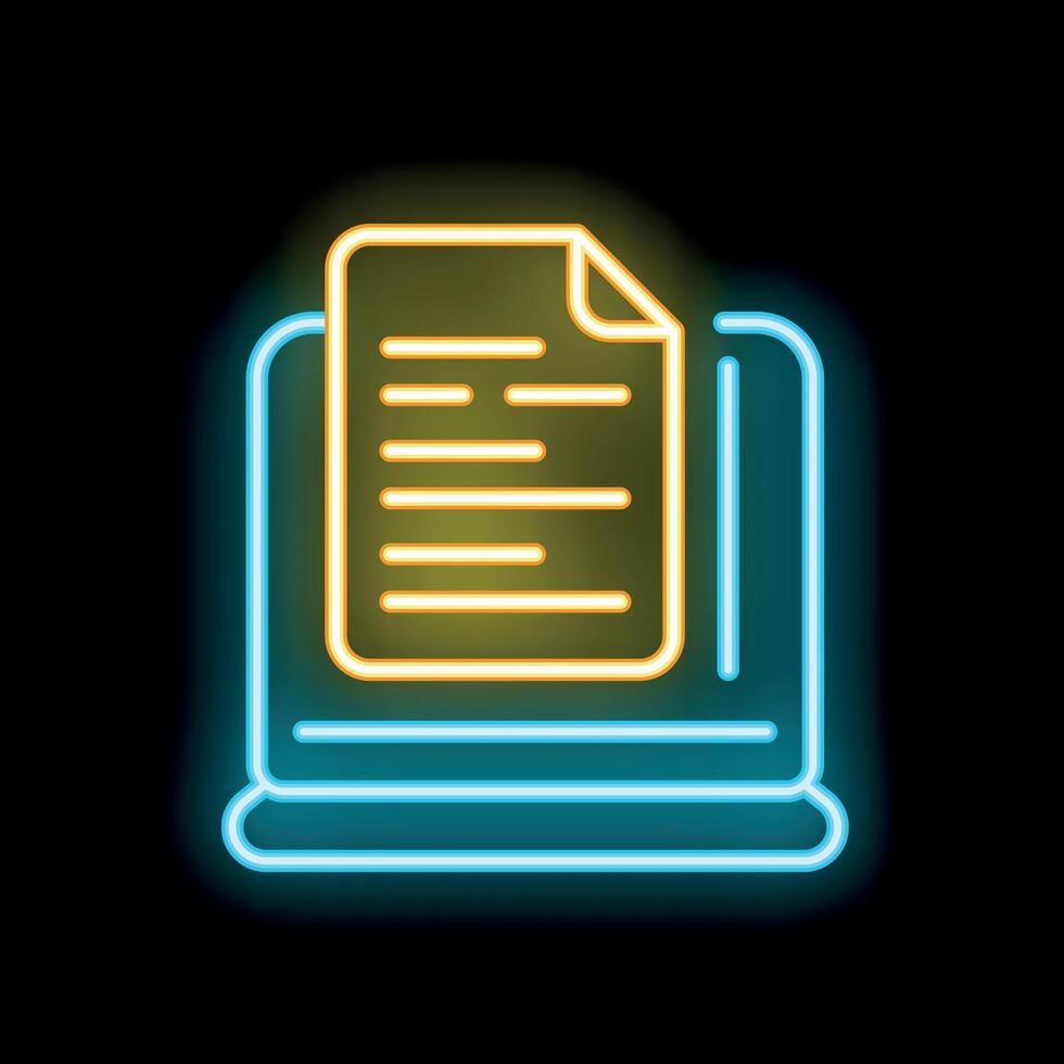 Neon icon of document file showing on laptop screen vector