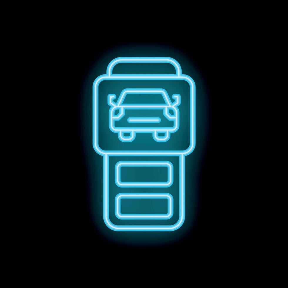 Neon icon of car sharing app showing battery status on smartphone screen vector