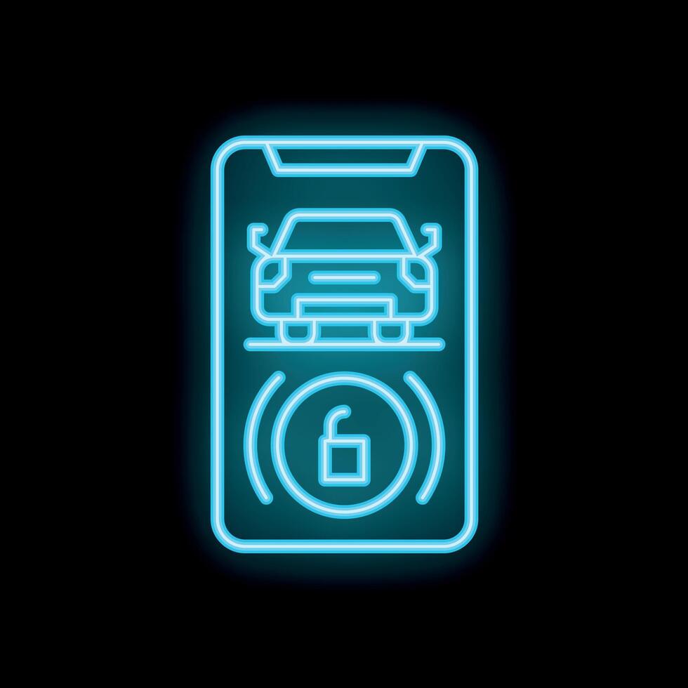Neon icon of smartphone displaying car security app with unlock feature vector