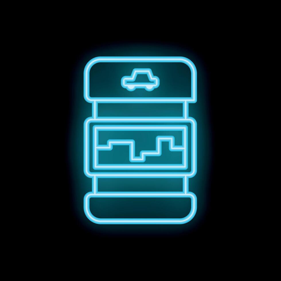 Neon icon of smartphone displaying navigation app with car and city map vector