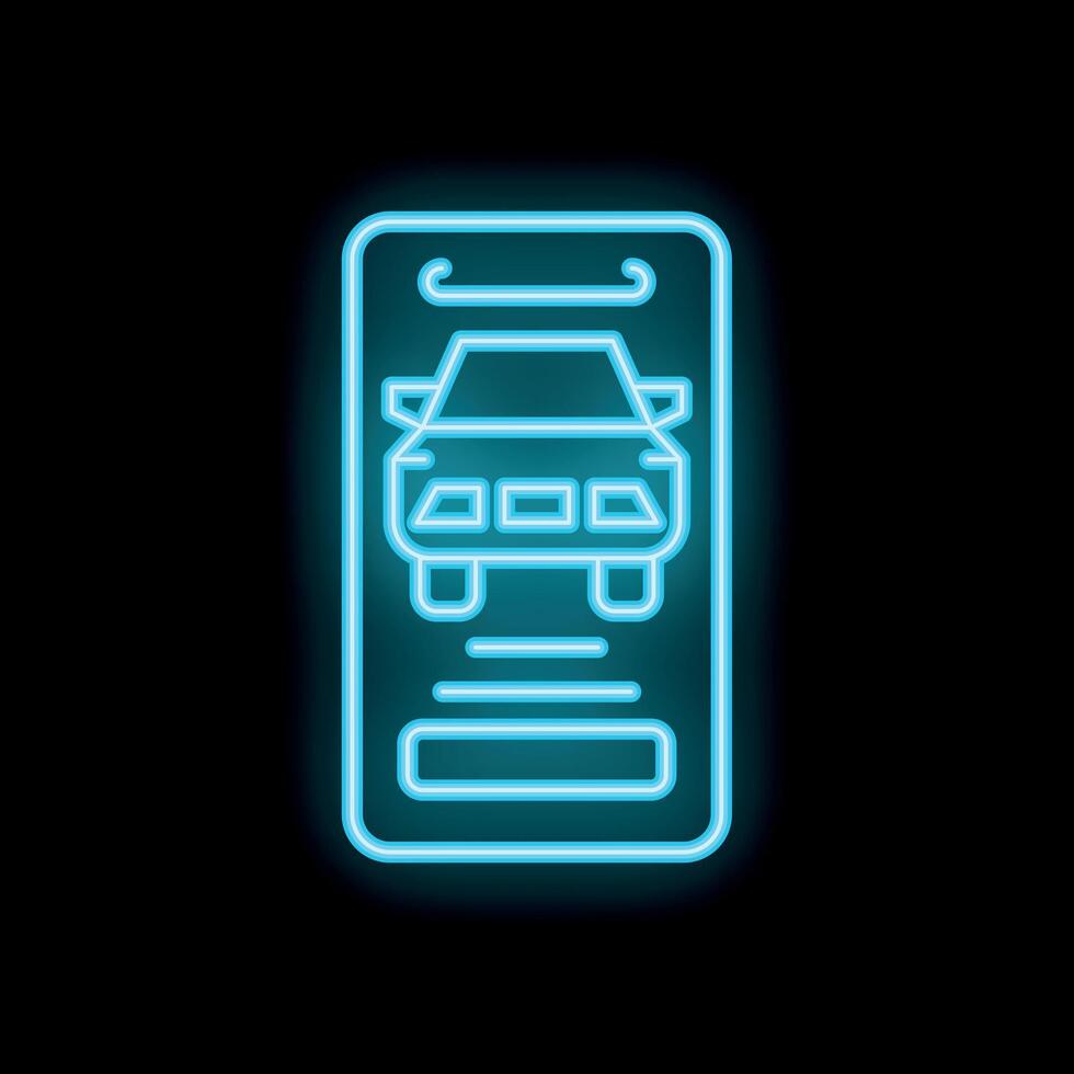 Neon icon of smartphone displaying car sharing app interface vector