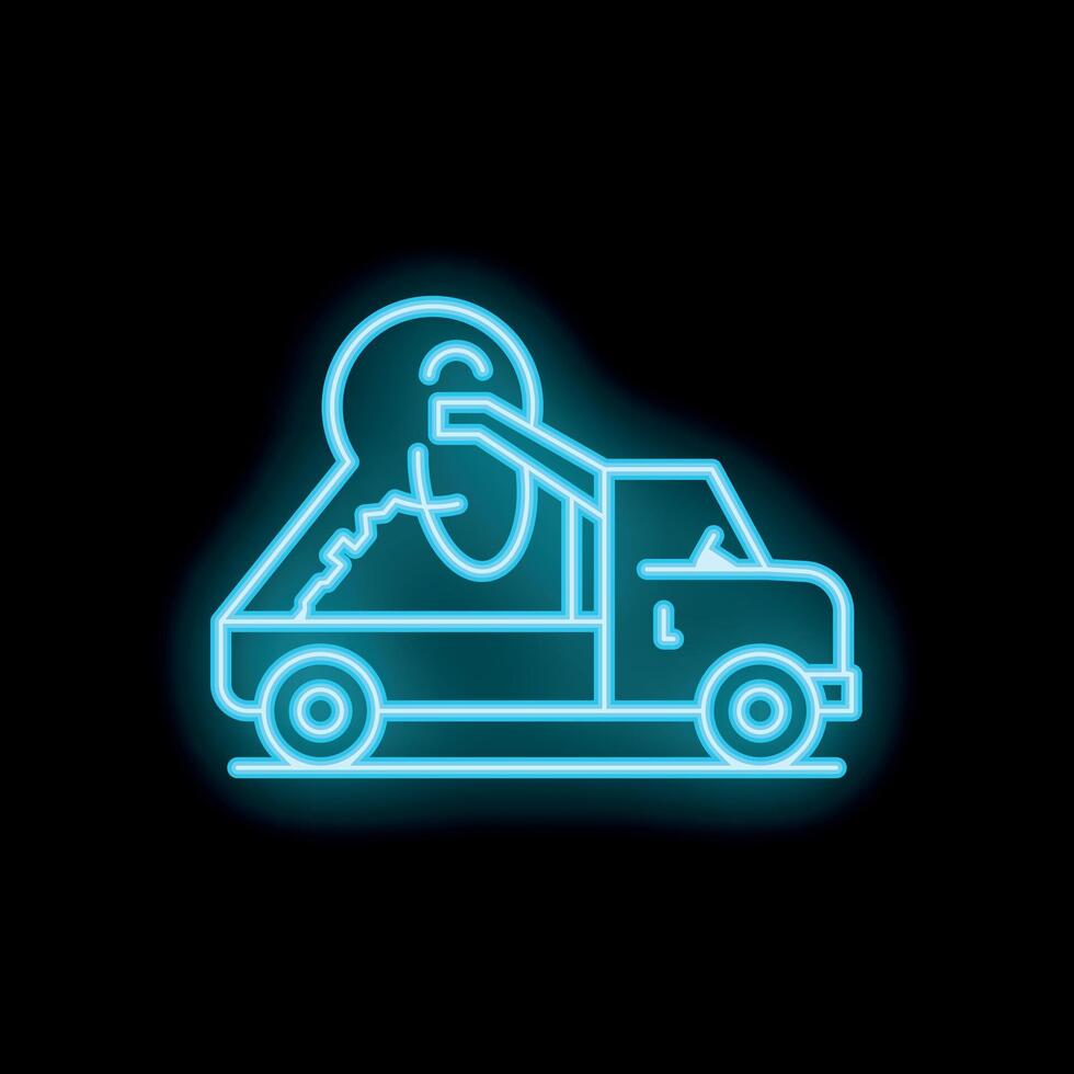 Neon style icon of a tow truck carrying a broken car symbolizing roadside assistance vector