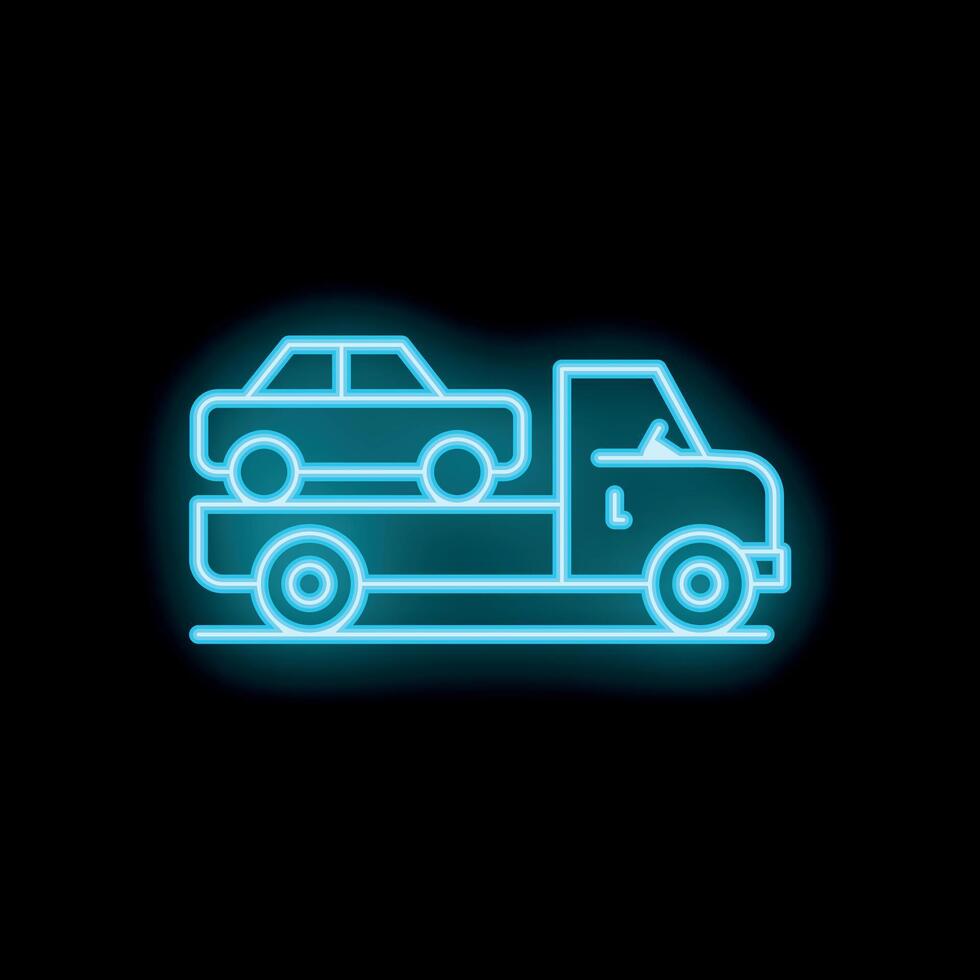 Neon style icon of tow truck carrying broken car at night vector