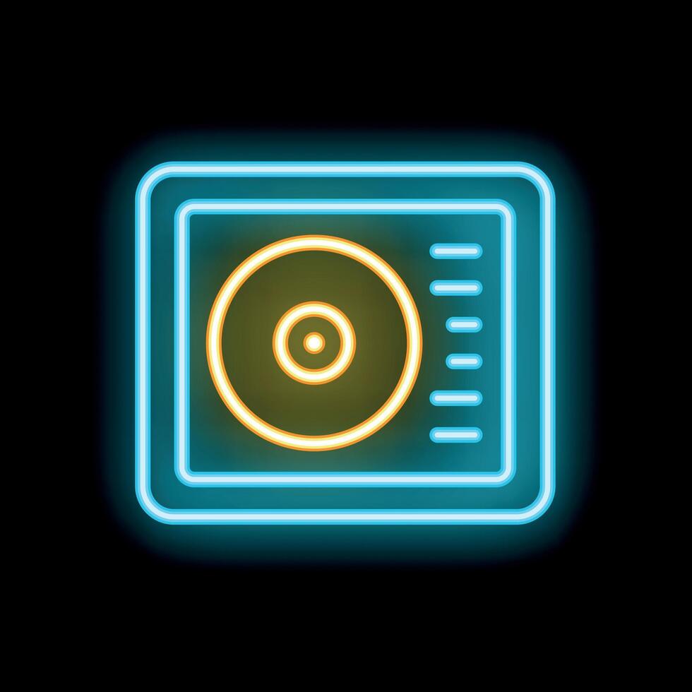 Neon icon of dj turntable playing vinyl record on black background vector