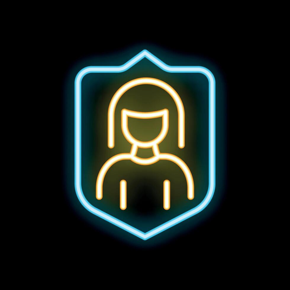 Neon icon of woman user account protected with shield on black background vector