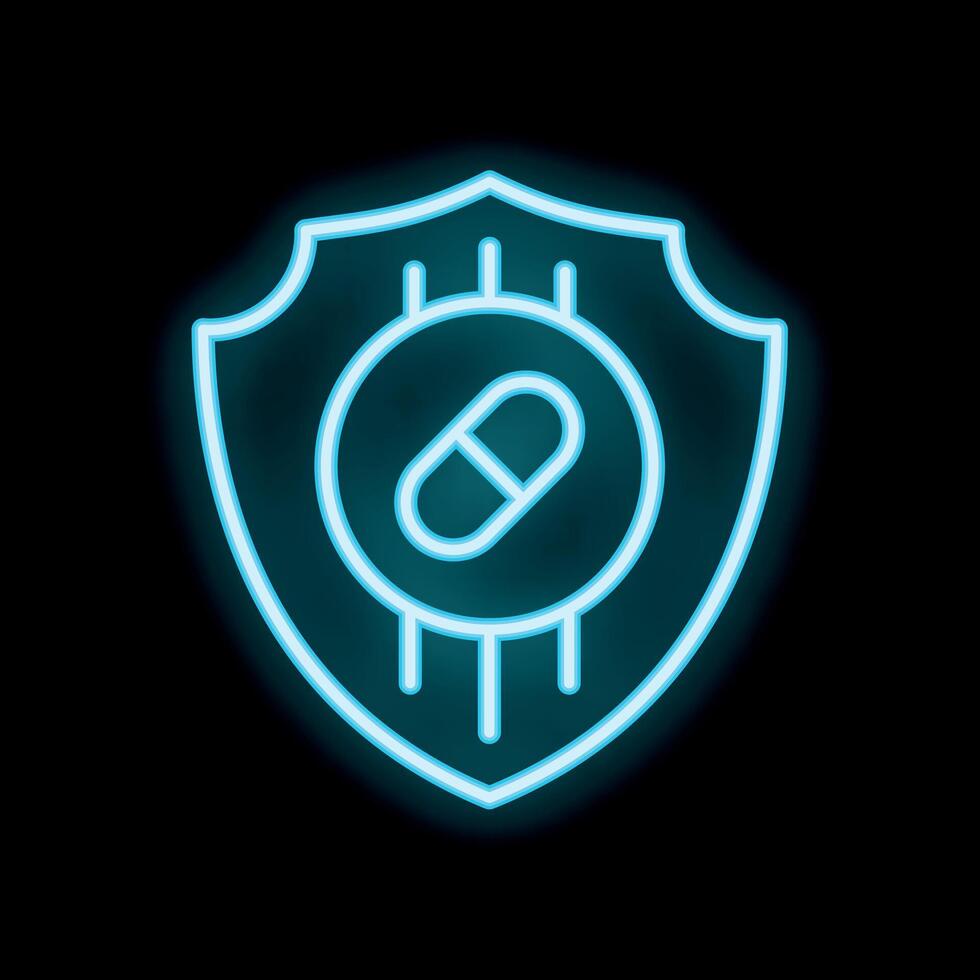 Neon blue shield protecting pill icon on black background vector