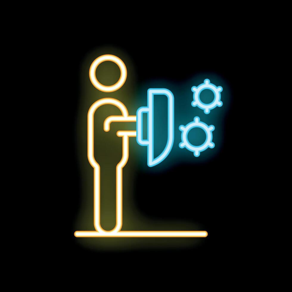 Neon style icon man protecting himself from virus with shield vector