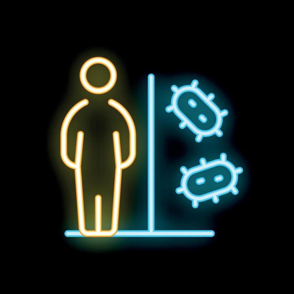 Neon icon of person standing and avoiding bacteria or virus vector