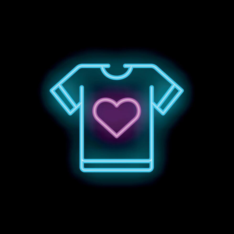 Neon t shirt with heart symbol glowing on black background vector