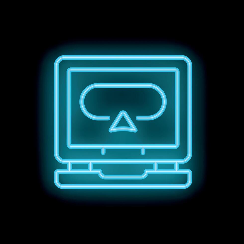 Neon icon of laptop showing virtual reality glasses displaying augmented reality pointer glowing blue vector