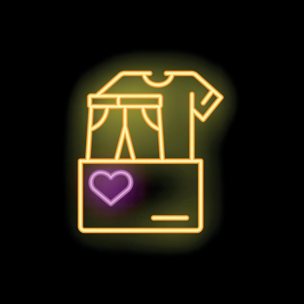 Neon icon of clothes donation with heart symbol representing charity vector