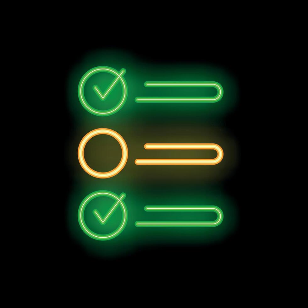Neon sign checklist with two tasks completed and one pending on black background vector