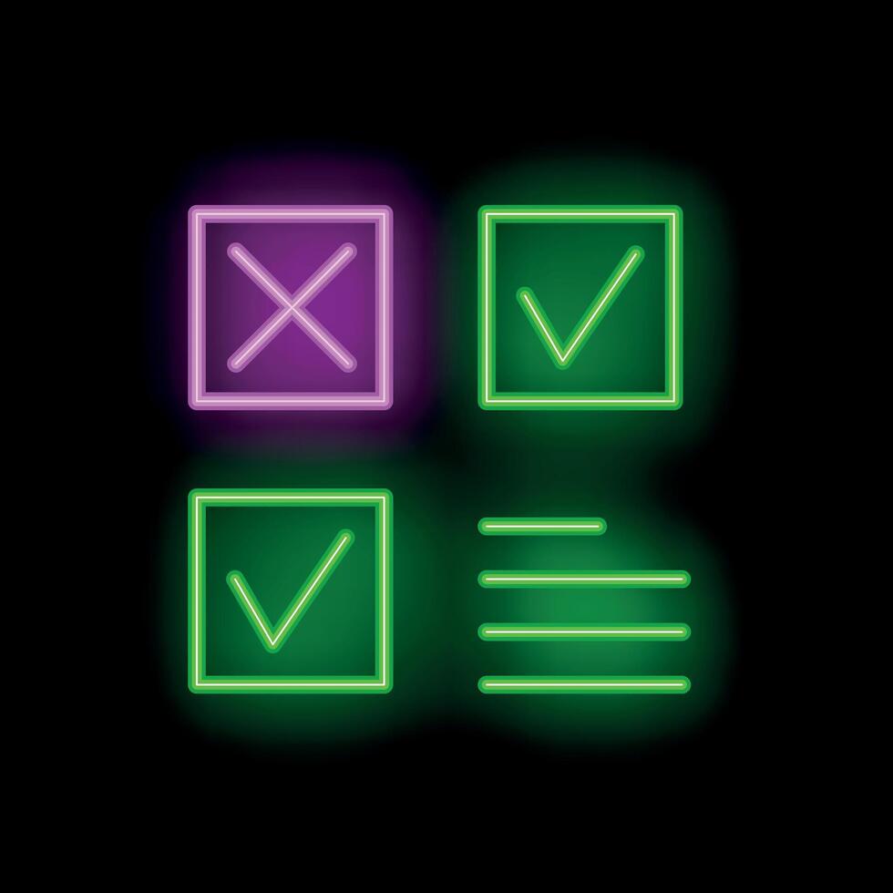 Neon checkmark cross sign making decision right choice glowing icon vector