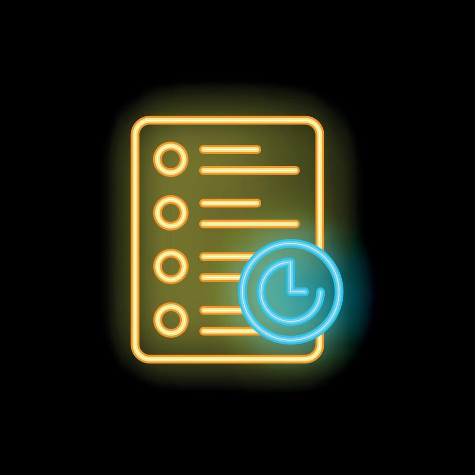 Neon icon of a checklist with a clock symbolizing time management vector