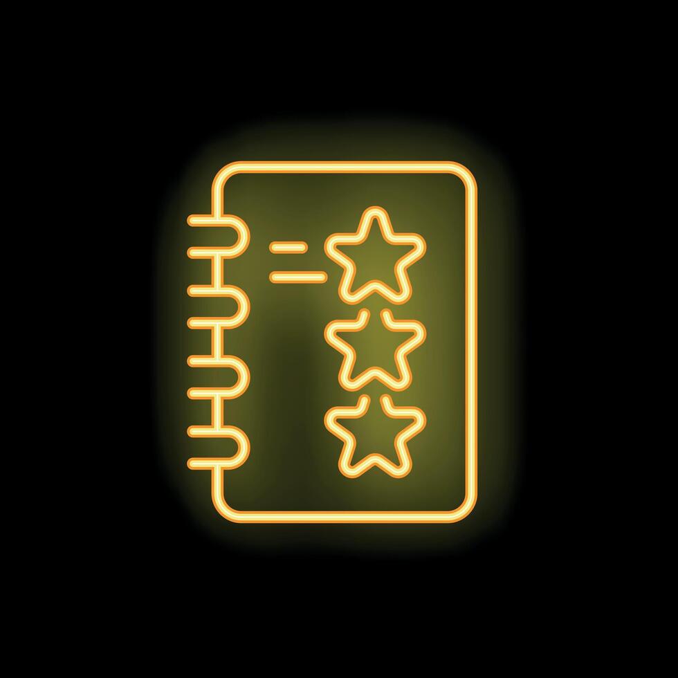 Neon notebook with checklist and stars showing rating on black background vector