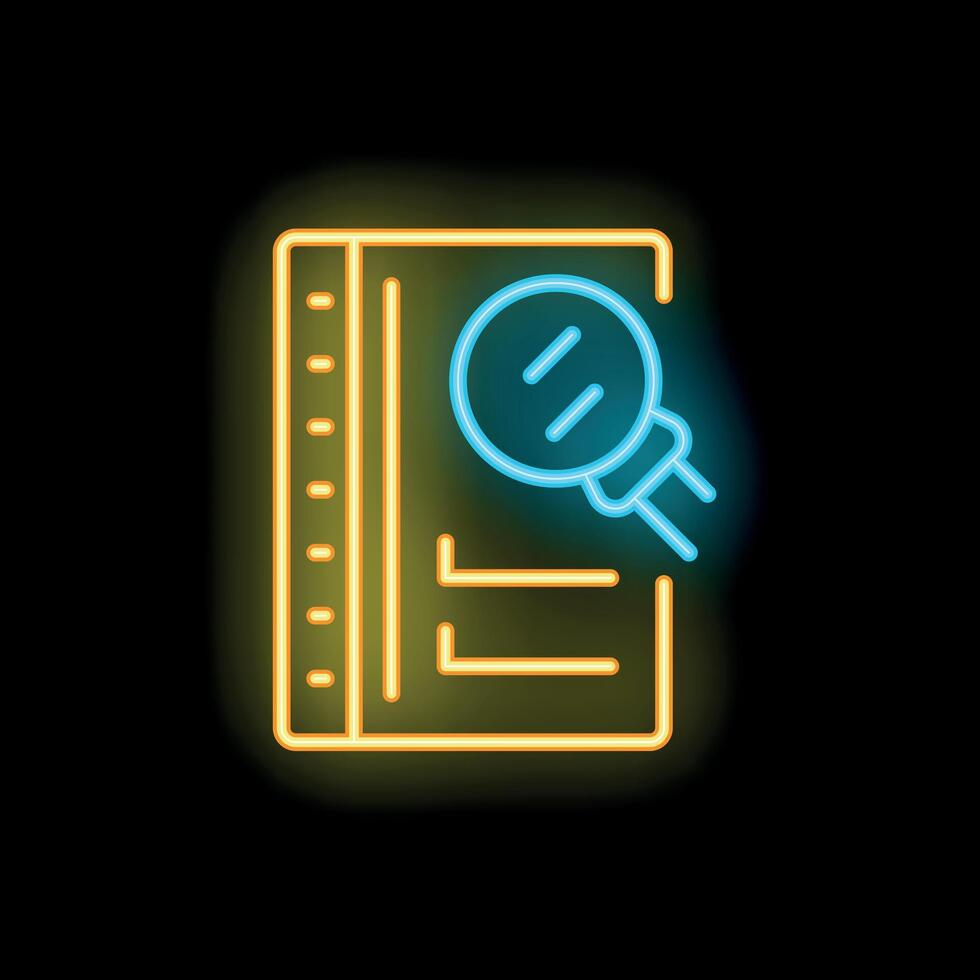 Neon icon of magnifying glass analyzing document for fact checking vector