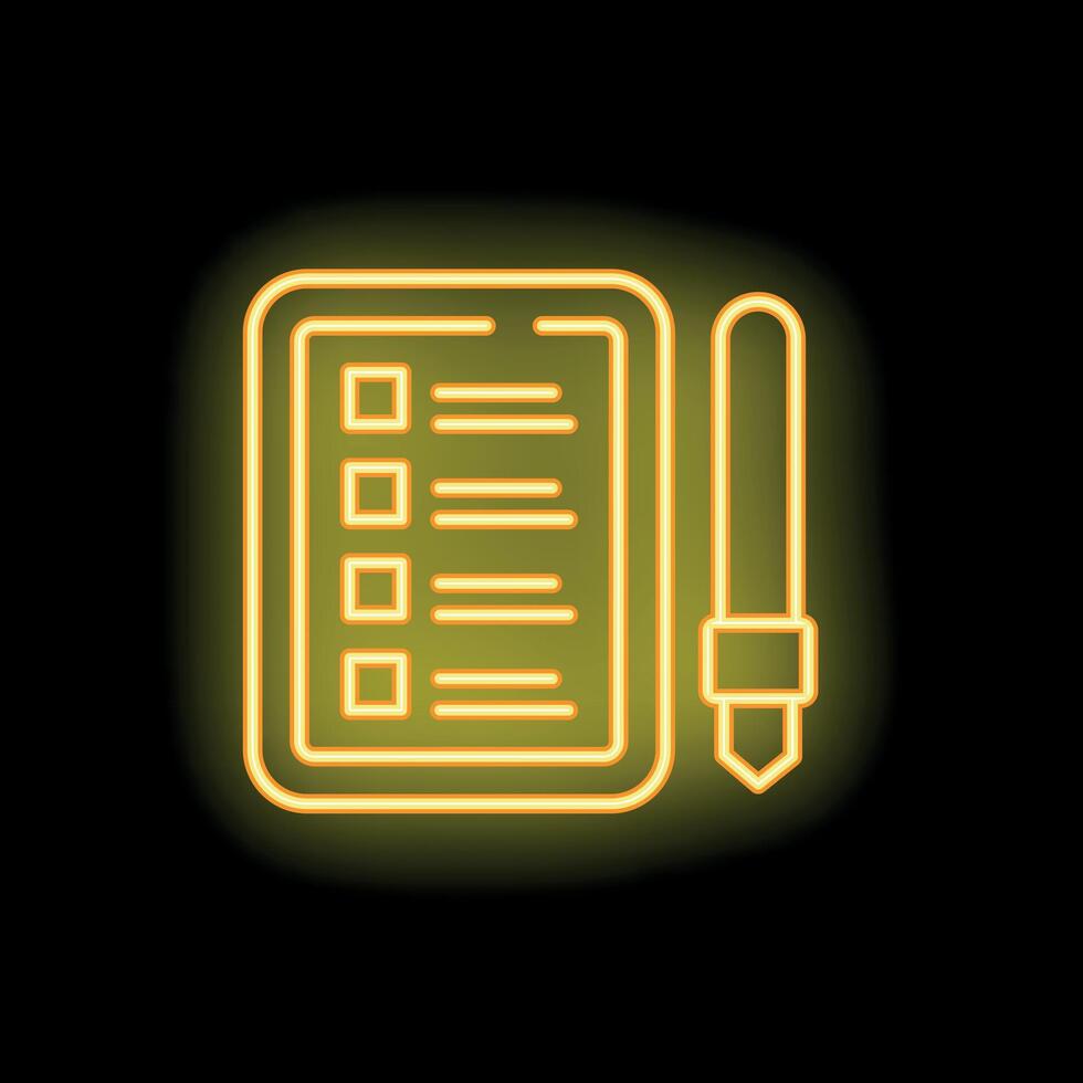 Neon icon of a tablet with a stylus for writing and drawing vector