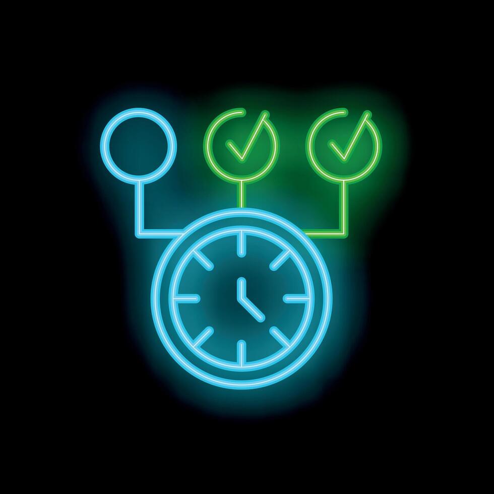 Neon icon of clock managing time and completing tasks vector