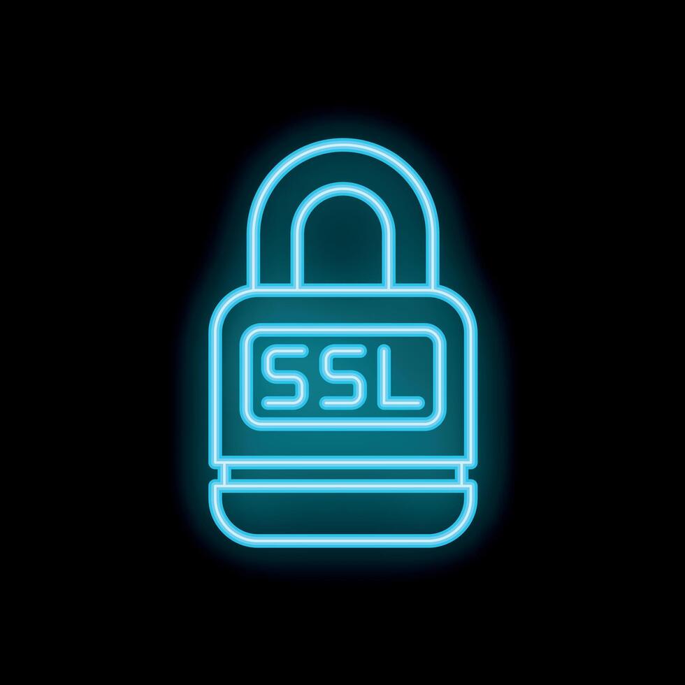 Blue neon ssl padlock icon representing secure connection on black background vector