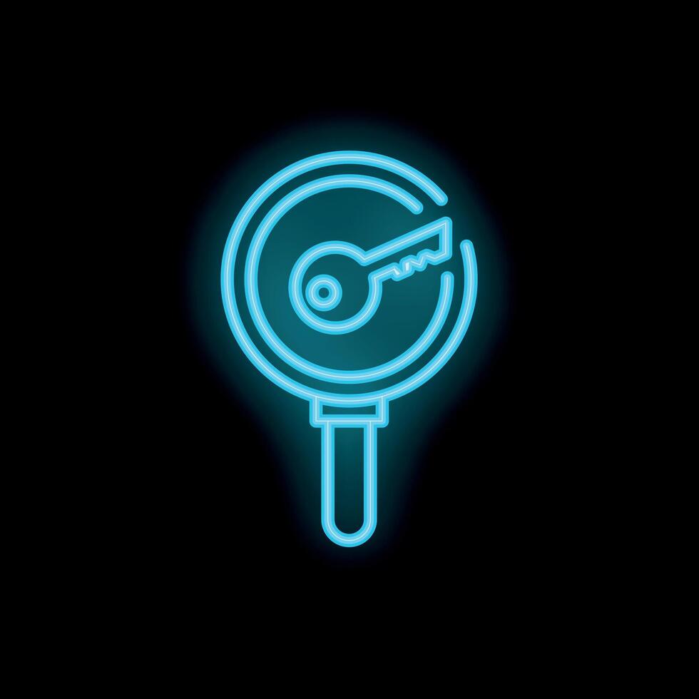 Neon magnifying glass searching for security key solution vector