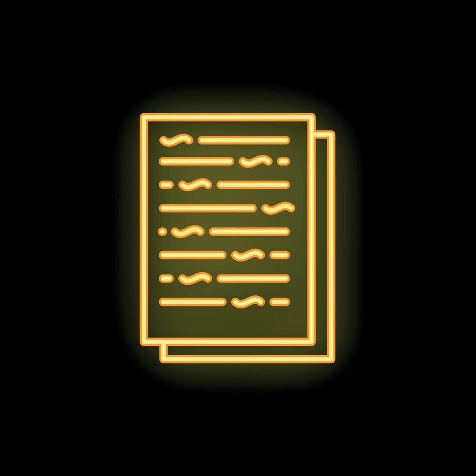 Neon icon of two documents with text glowing yellow on black background vector
