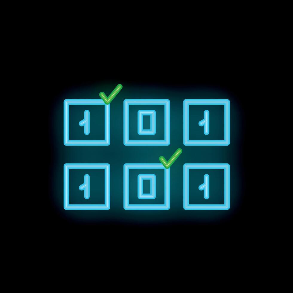 Neon binary code showing ones and zeros being checked vector