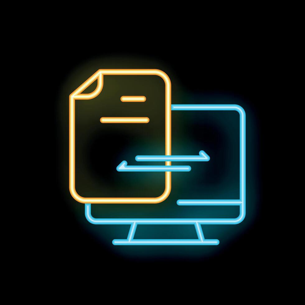 Neon icon of document transferring to desktop computer vector
