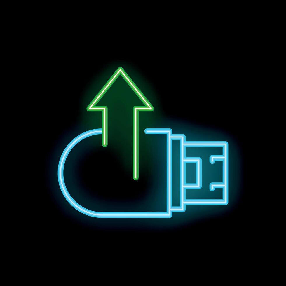 Neon usb flash drive icon with uploading arrow glowing in dark vector