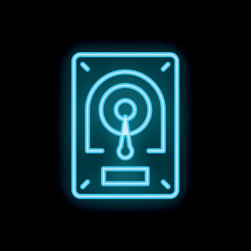Neon hard drive icon glowing against black background vector