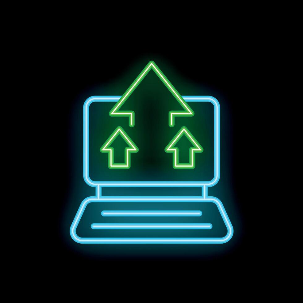 Neon laptop showing cloud upload with arrows on black background vector