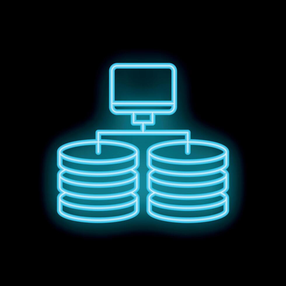 Neon icon of computer managing databases representing data management vector