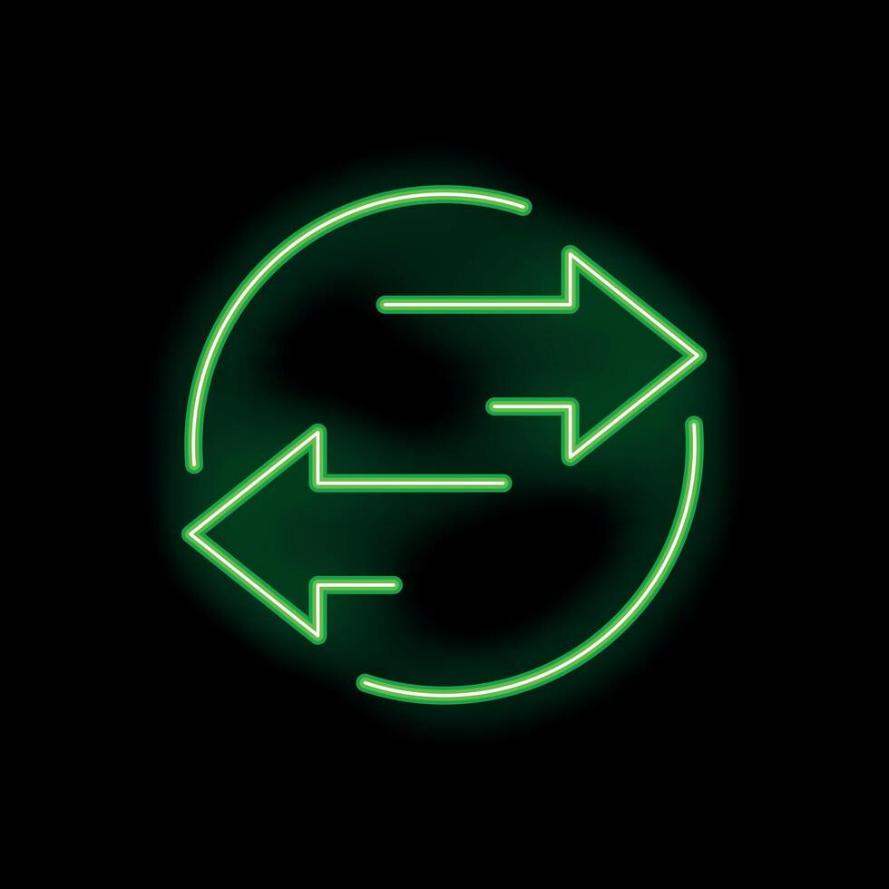 Green neon sign showing two circular arrows exchanging data vector