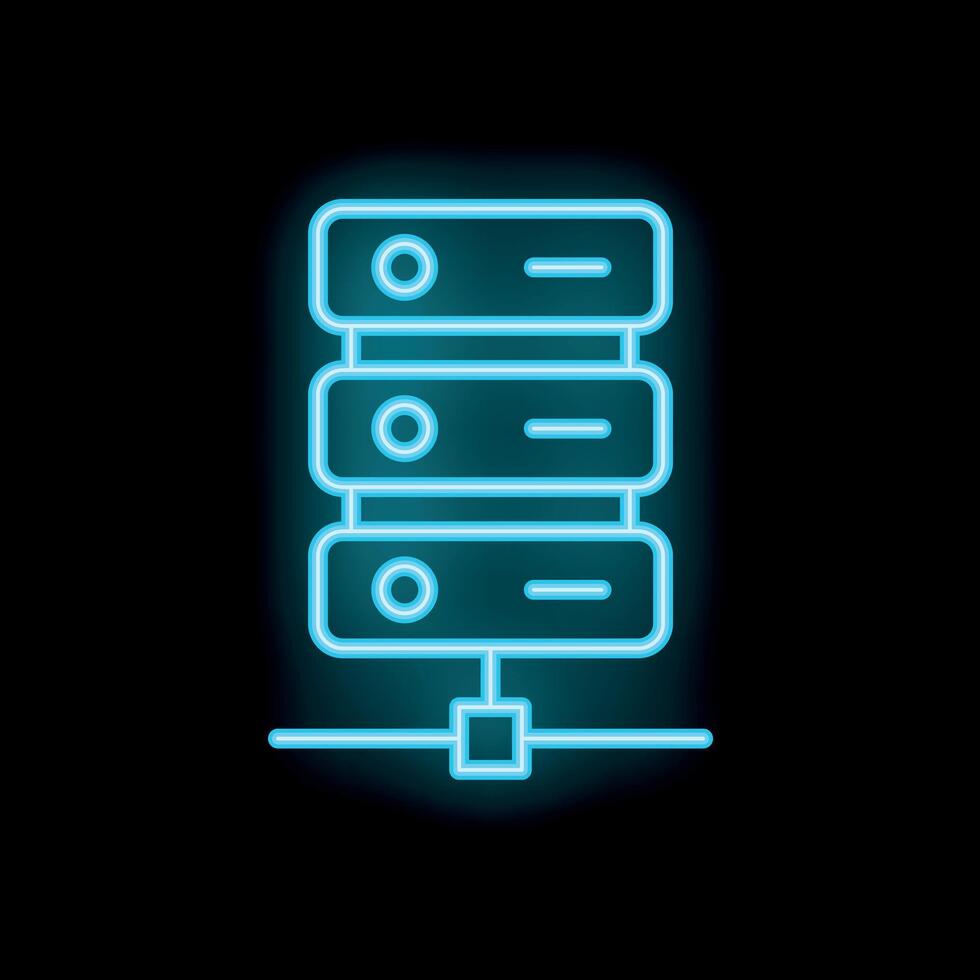 Neon server rack icon representing data storage and network infrastructure vector