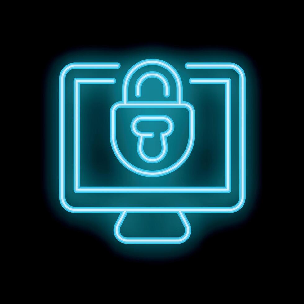Neon padlock icon glowing on computer screen for cybersecurity concept vector