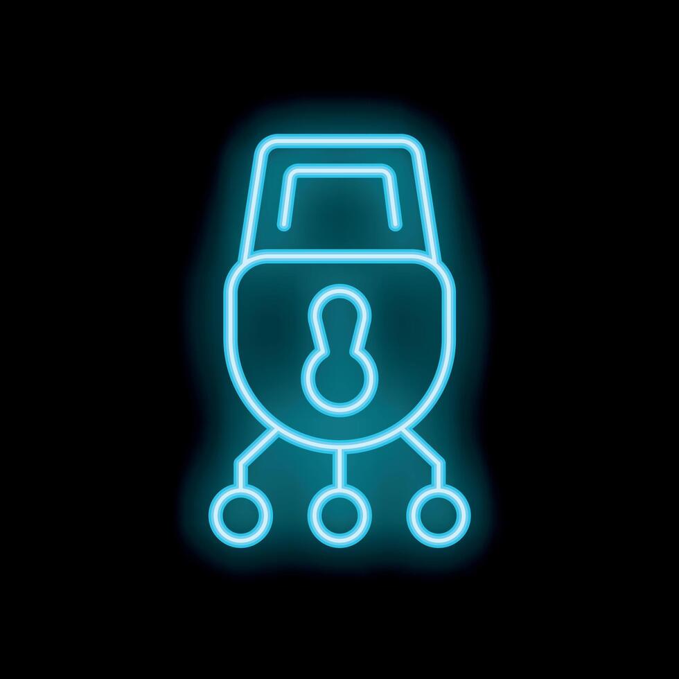 Neon blue cyber security padlock icon protecting network servers on black background vector