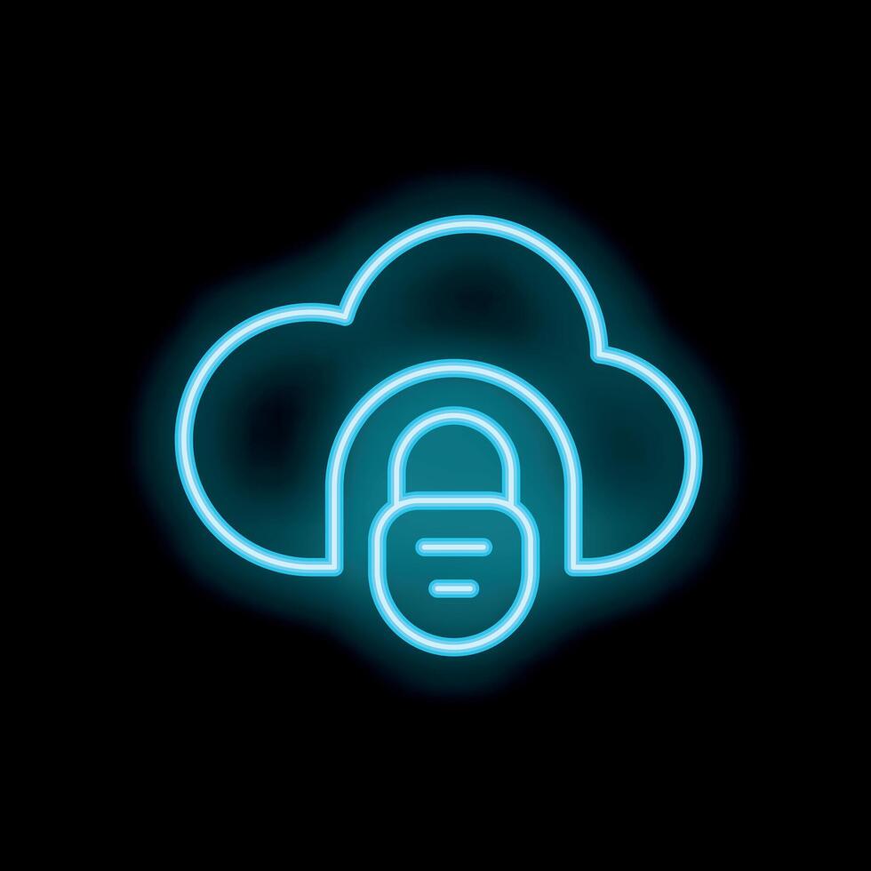 Neon blue cloud computing security padlock icon on black background vector