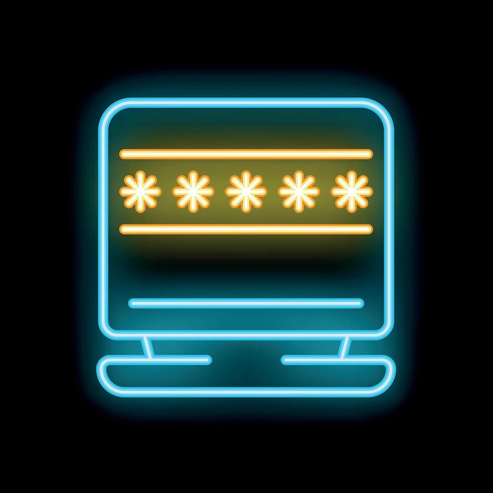Neon password protection icon on laptop screen glowing vector